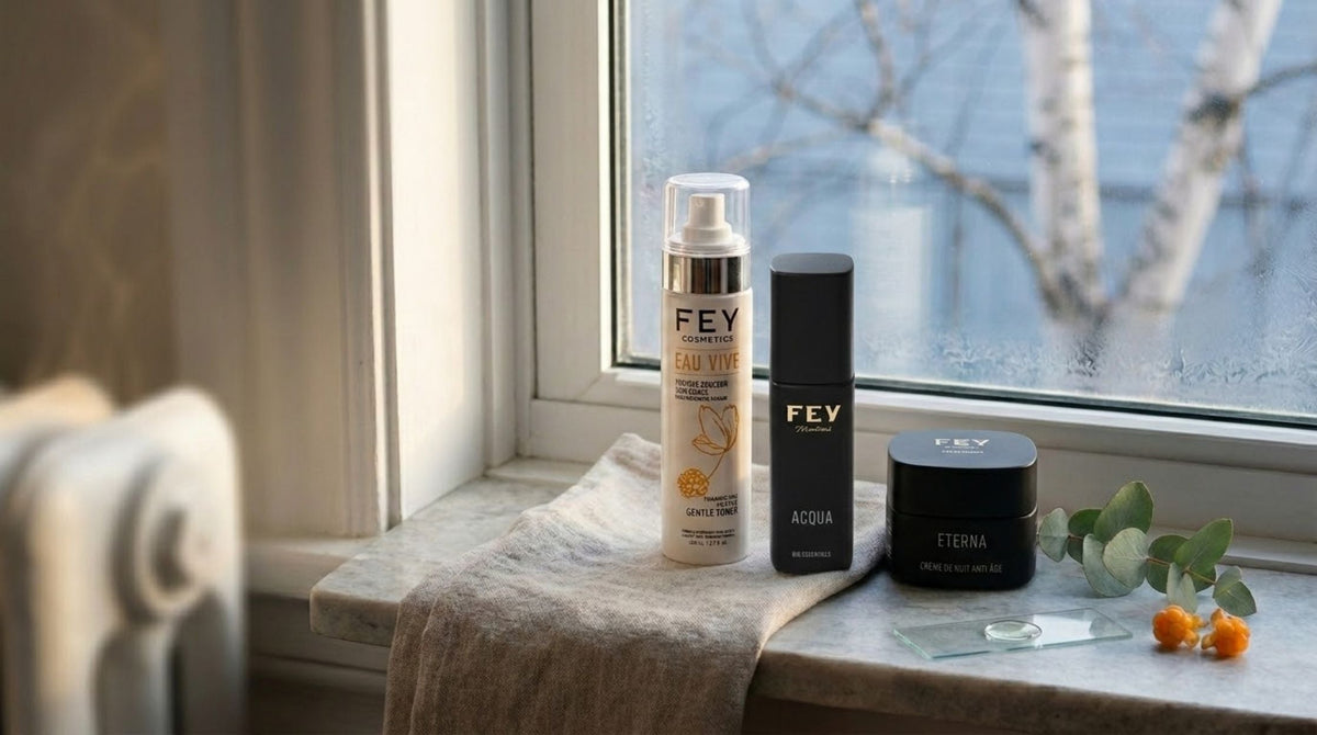 FEY skincare bottles on a marble shelf by a frosty window, next to a radiator, for heating season.