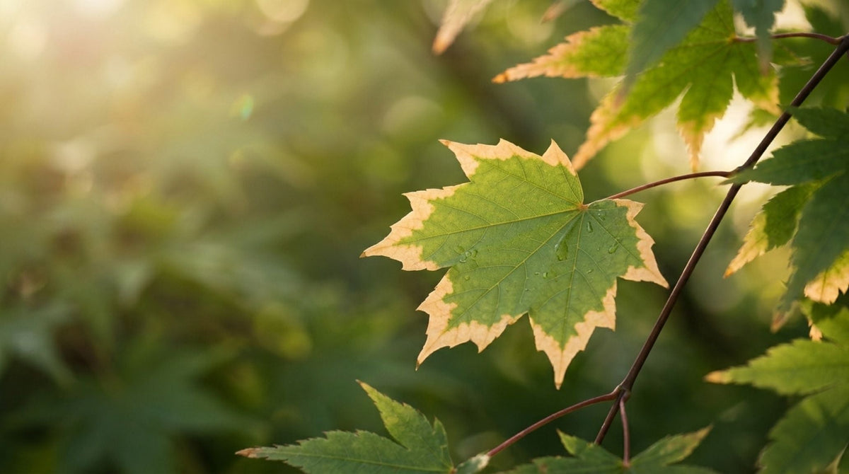 A maple leaf turning amber at the edges while still green, with dew drops in soft golden light. - Une feuille d'érable aux bords roussissants, encore verte, avec des gouttes de rosée sous une lumière dorée.